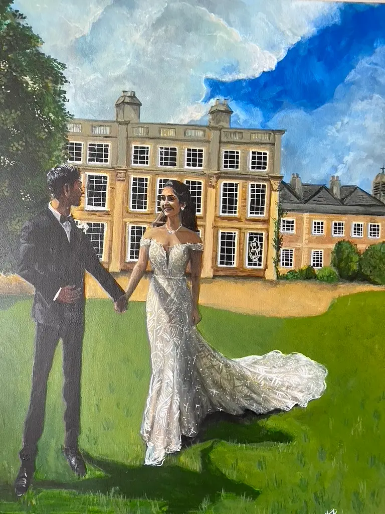 Live wedding painting of a couple at Hinwick House, created by Katie Bowden Art