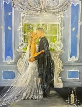 Live wedding painting of a couple standing in front of a large window, hand-painted on the day by Katie Bowden Art to capture the light and atmosphere of their special moment.
