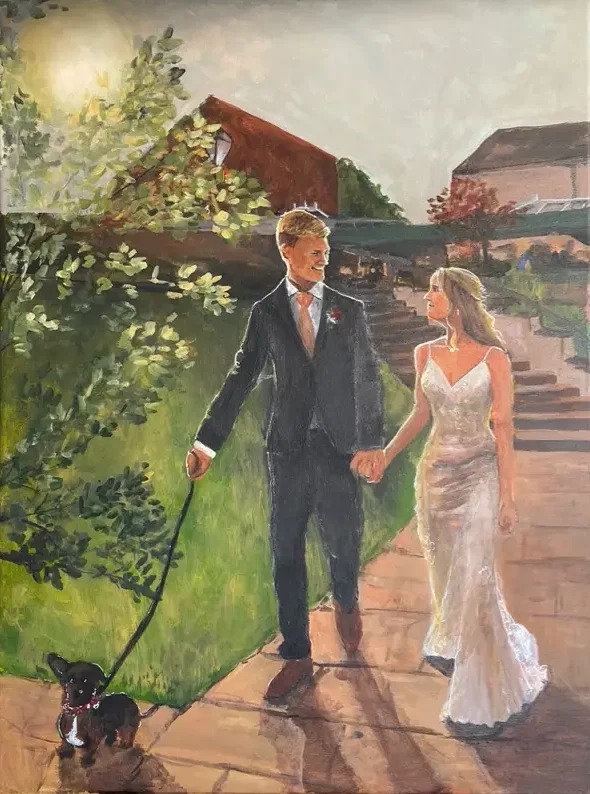 Retrospective wedding painting of a couple with their sausage dog, created by Katie Bowden Art