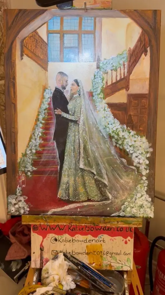 Live wedding painting of Aneesa Saddique created by Katie Bowden Art