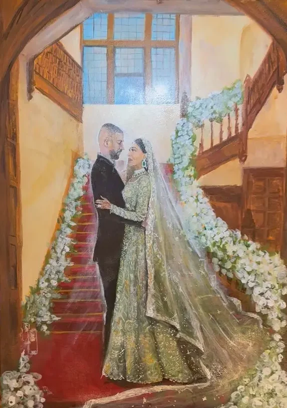 Live wedding painting of Aneesa Saddique created by Katie Bowden Art