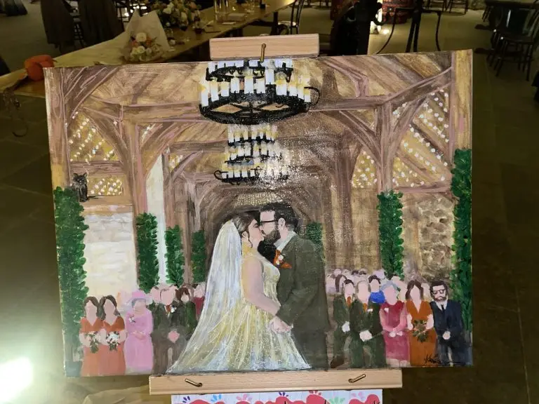 Live wedding painting of Phillipa and James created by Katie Bowden Art