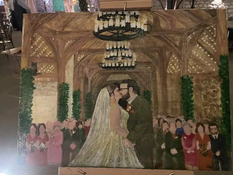 Live wedding painting of Phillipa and James created by Katie Bowden Art