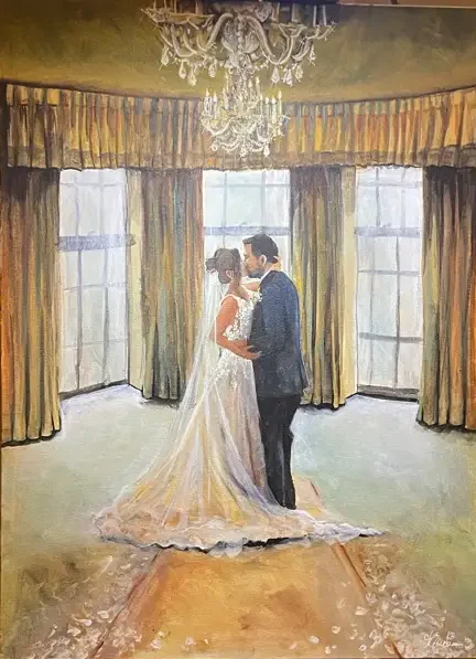 Live wedding painting of a couple in front of a large window, painted on the day by Katie Bowden Art