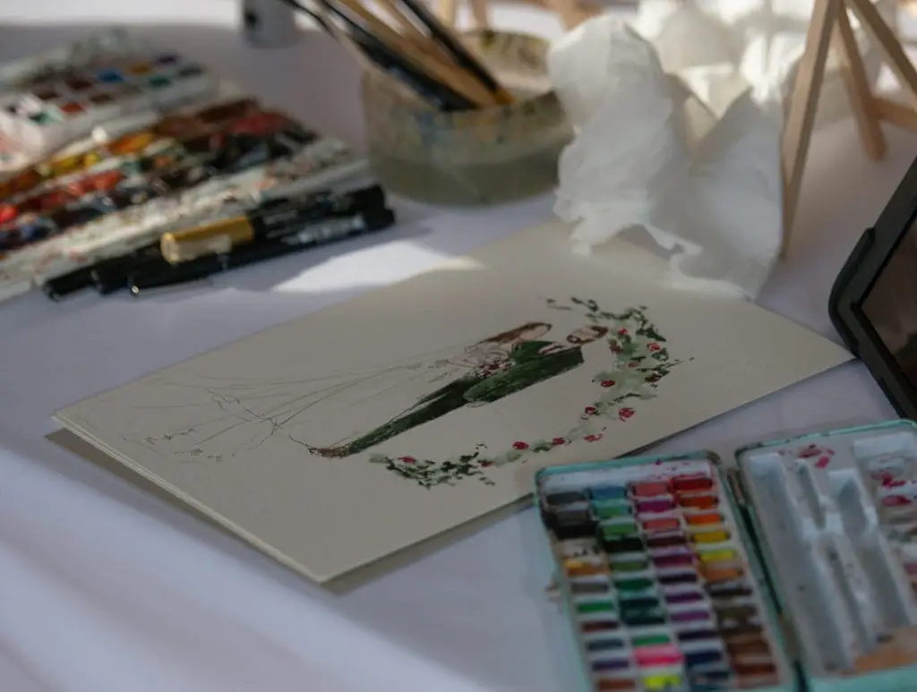 Live guest illustration portrait created at a wedding by Katie Bowden Art