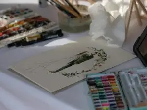 Live guest illustration portrait created at a wedding by Katie Bowden Art