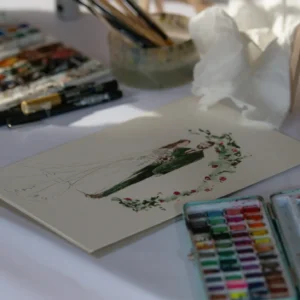 Live guest illustration portrait created at a wedding by Katie Bowden Art