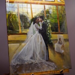 Live wedding painting of a couple sharing their first kiss, on canvas
