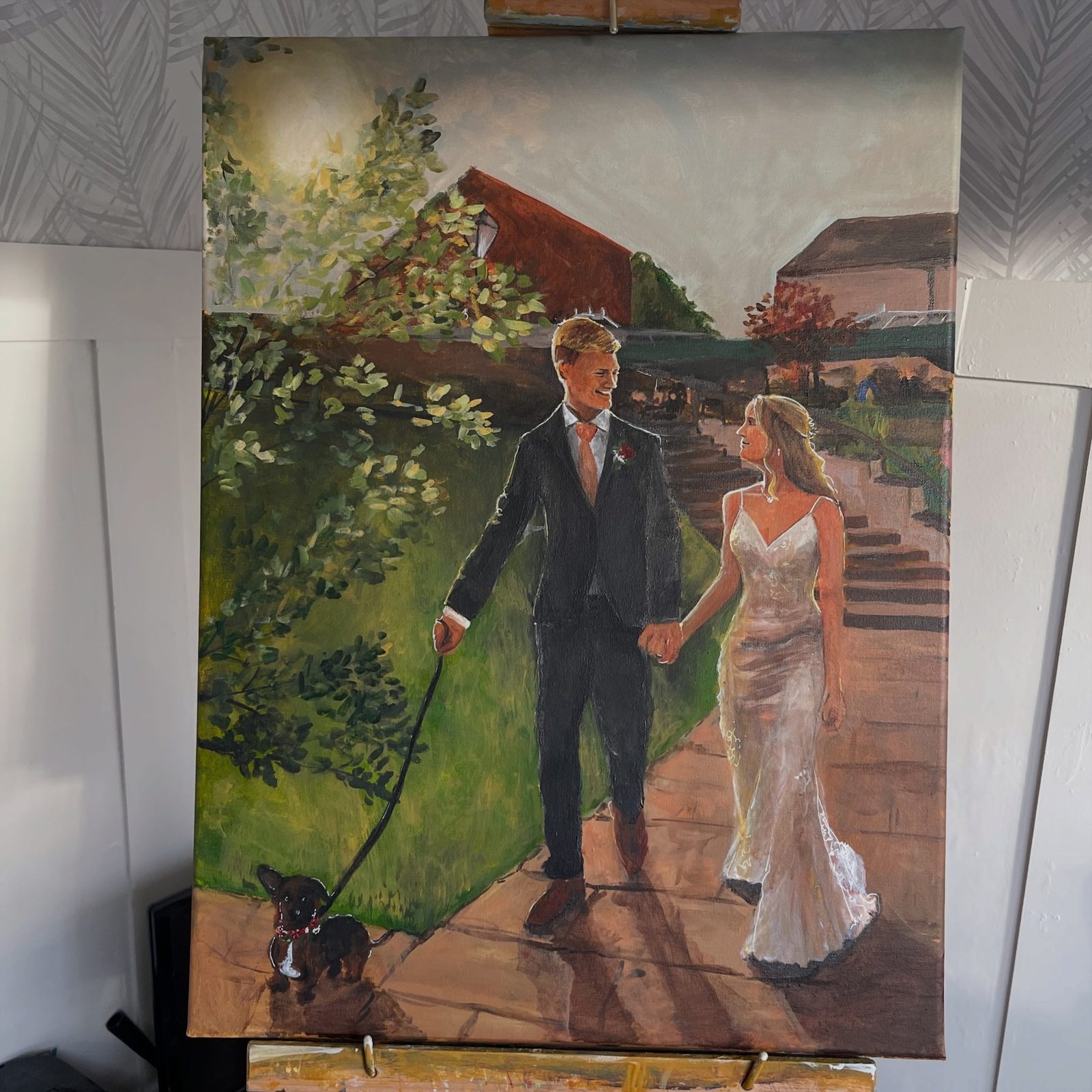 A studio-commissioned painting of a couple with their dog